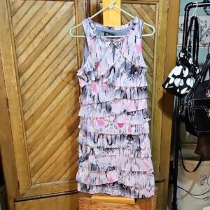 S.L.fashions Pink and Gray Sleeveless Ruffle Dress